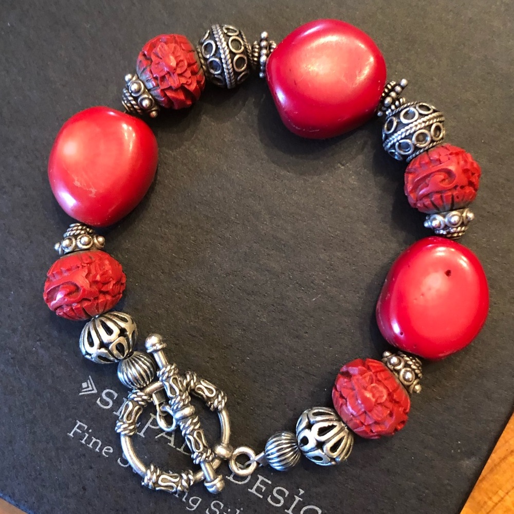 Rare Vintage Silpada Sterling Silver Coral Cinnabar Toggle Clasp Bracelet B0985